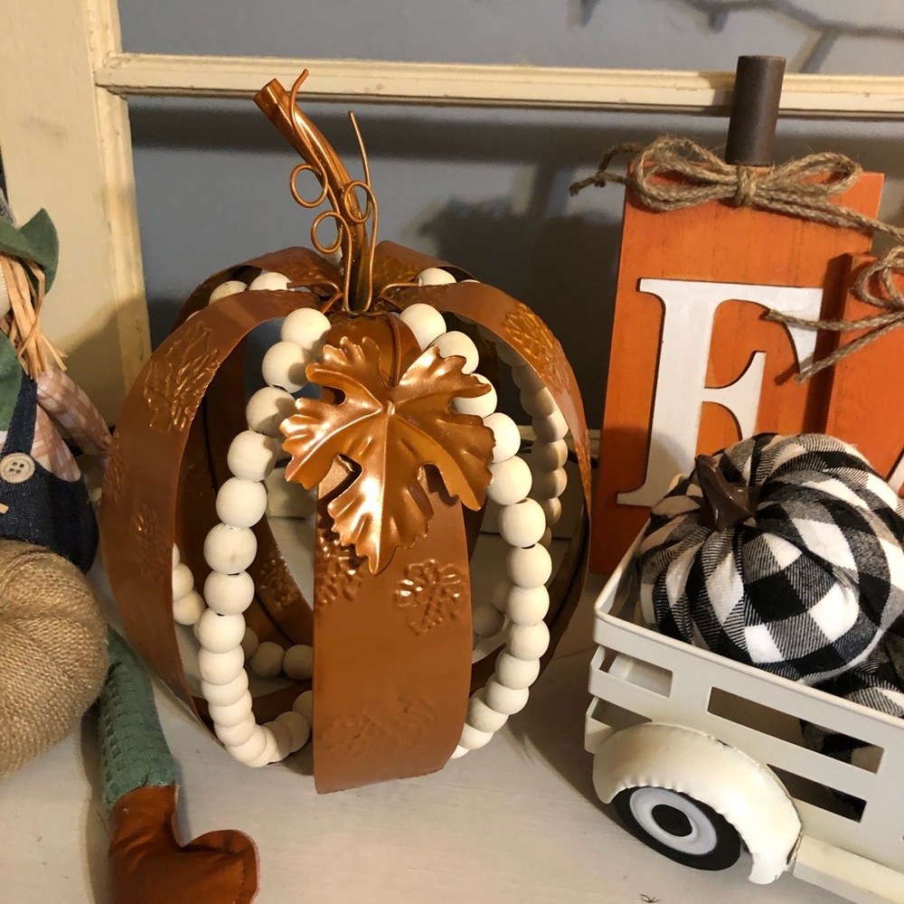 Metal copper and wood bead leaf embossed pumpkin tabletop decor